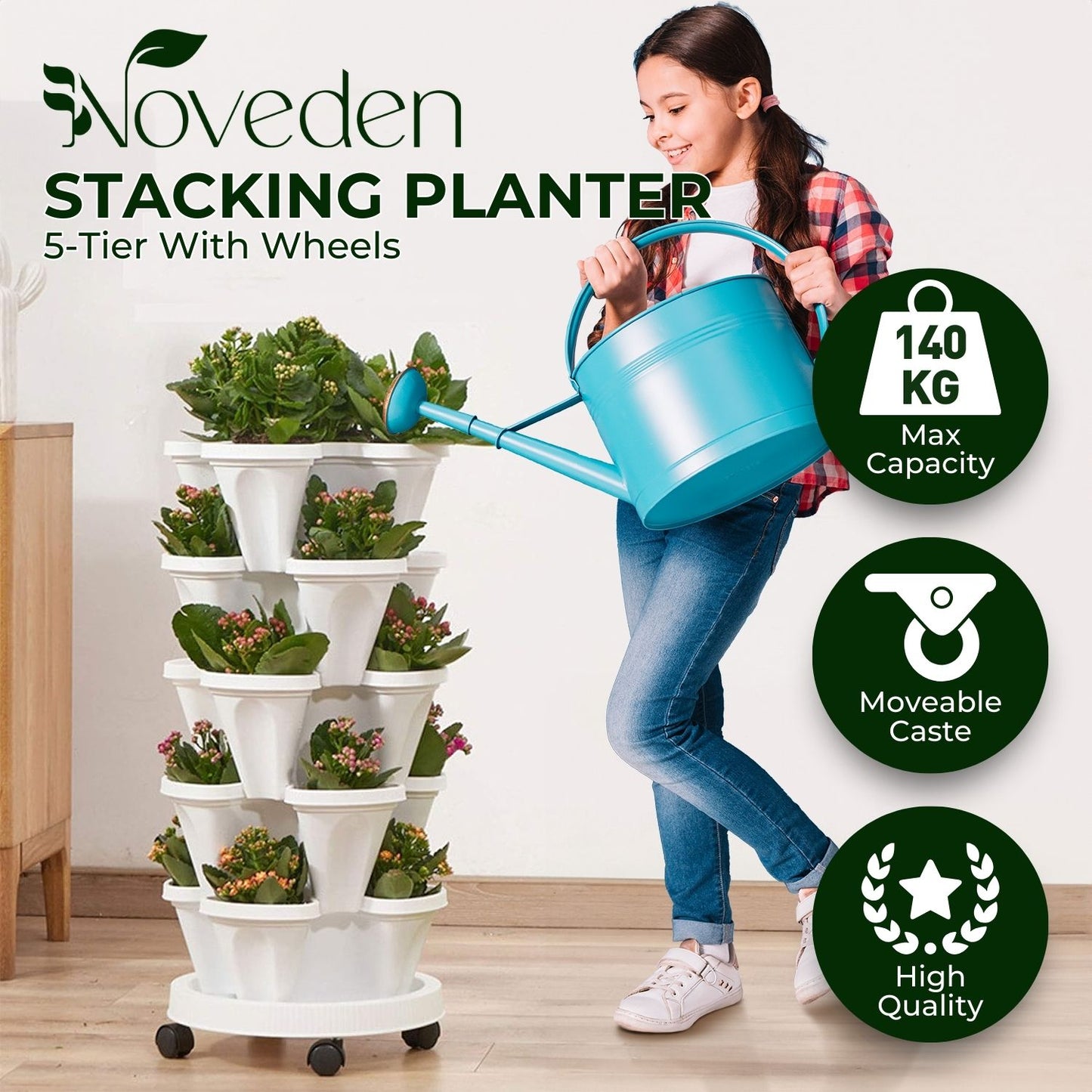 5 Tier Stacking Planter Vertical Garden with Heavy Duty Trolley Wheels (45cm)