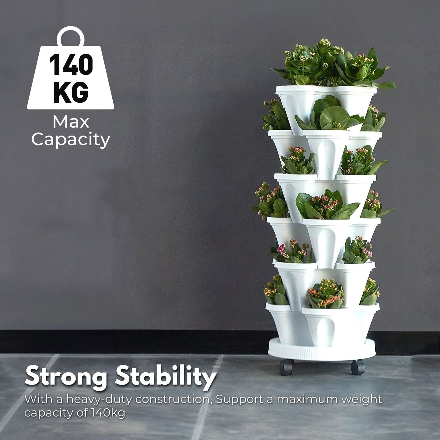 5 Tier Stacking Planter Vertical Garden with Heavy Duty Trolley Wheels (45cm)