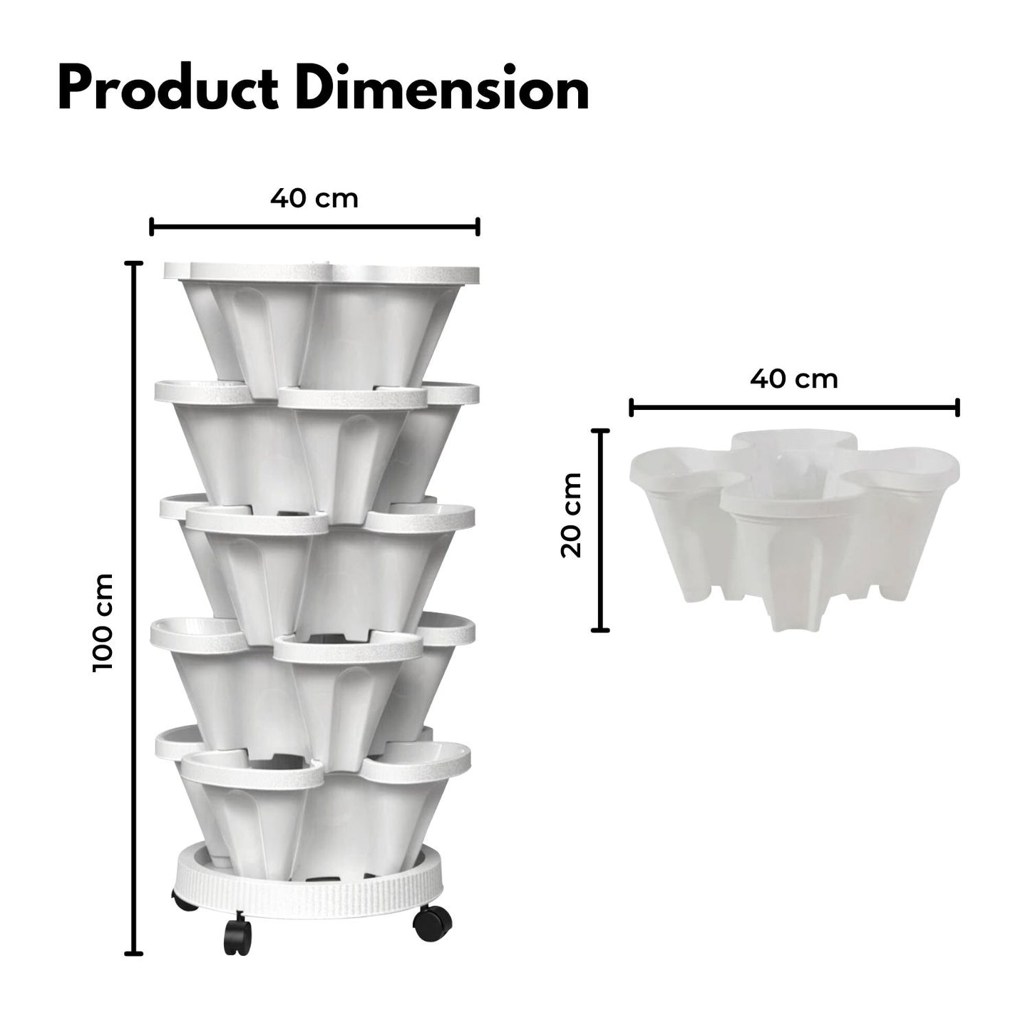 5 Tier Stacking Planter Vertical Garden with Heavy Duty Trolley Wheels (45cm)