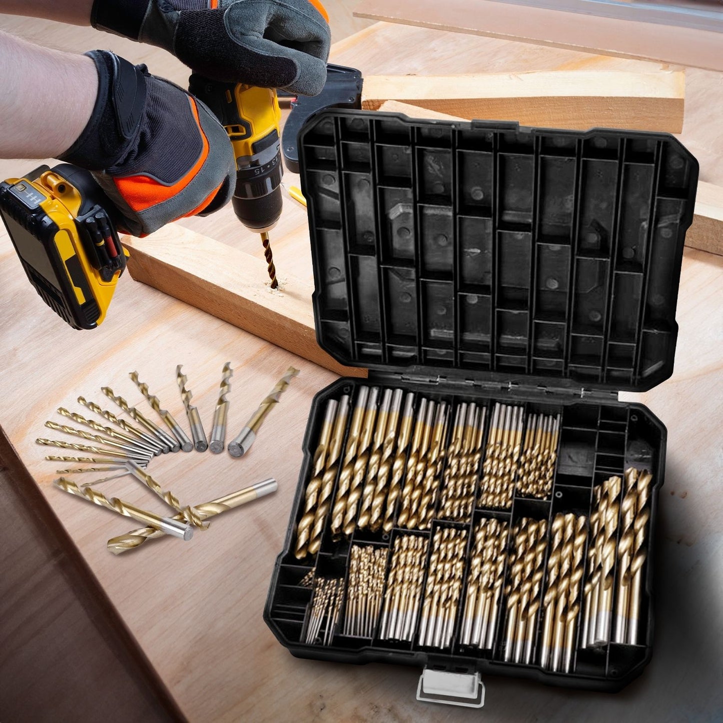 RYNOMATE 230 pcs Drill Bits Set with Black Plastic Case (Gold)