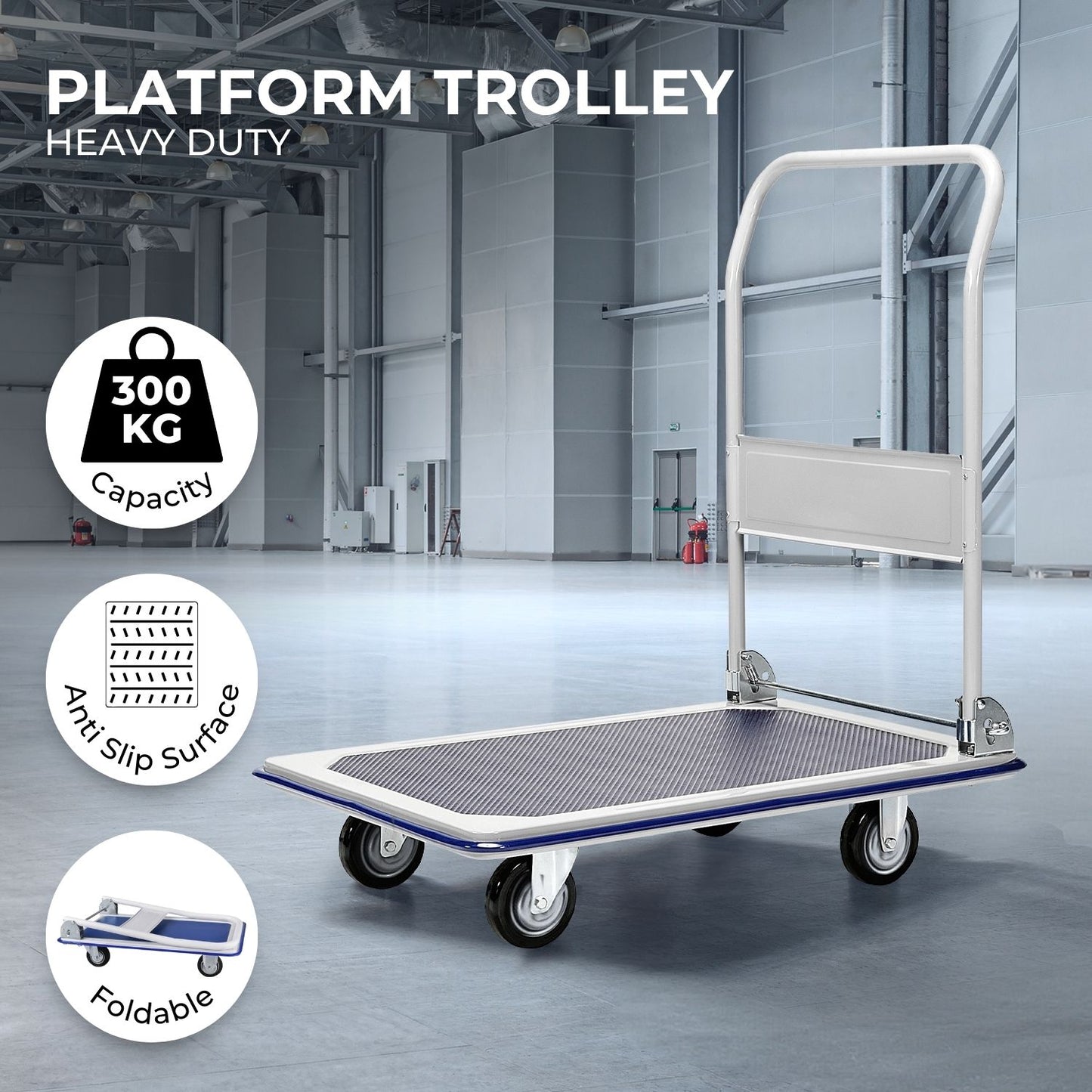 RYNOMATE Foldable Platform Trolley with 4 Wheels (Blue and White)