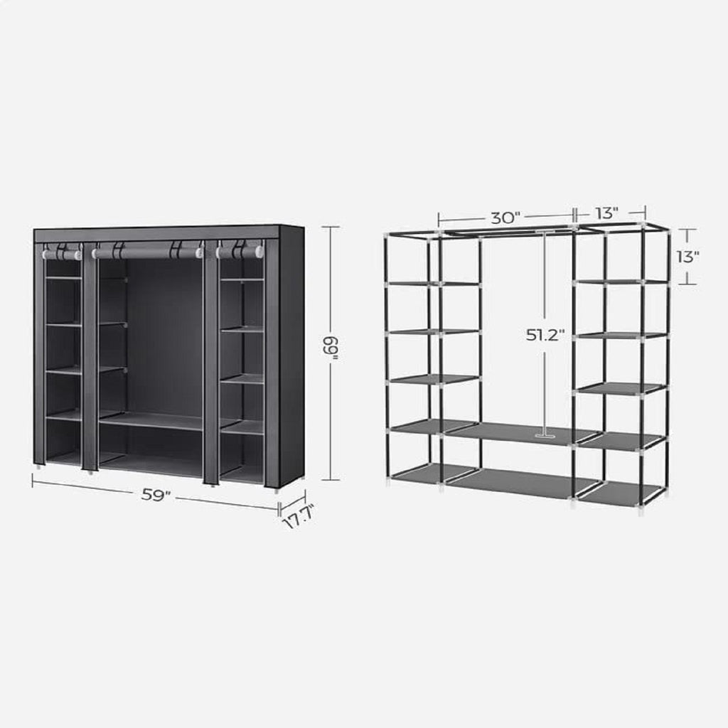 150cm Portable Closet Organizer, Wardrobe with Shelves and Cover Gray