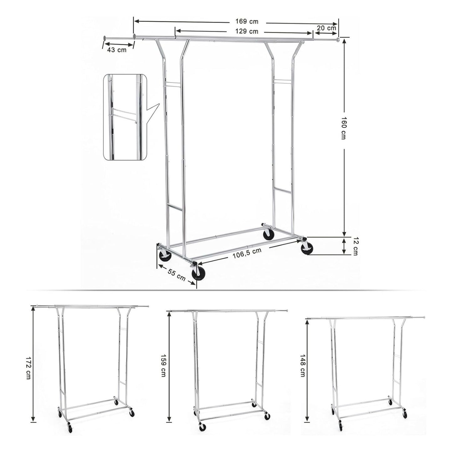 Metal Clothes Rack Stand on Wheels Heavy Duty Silver