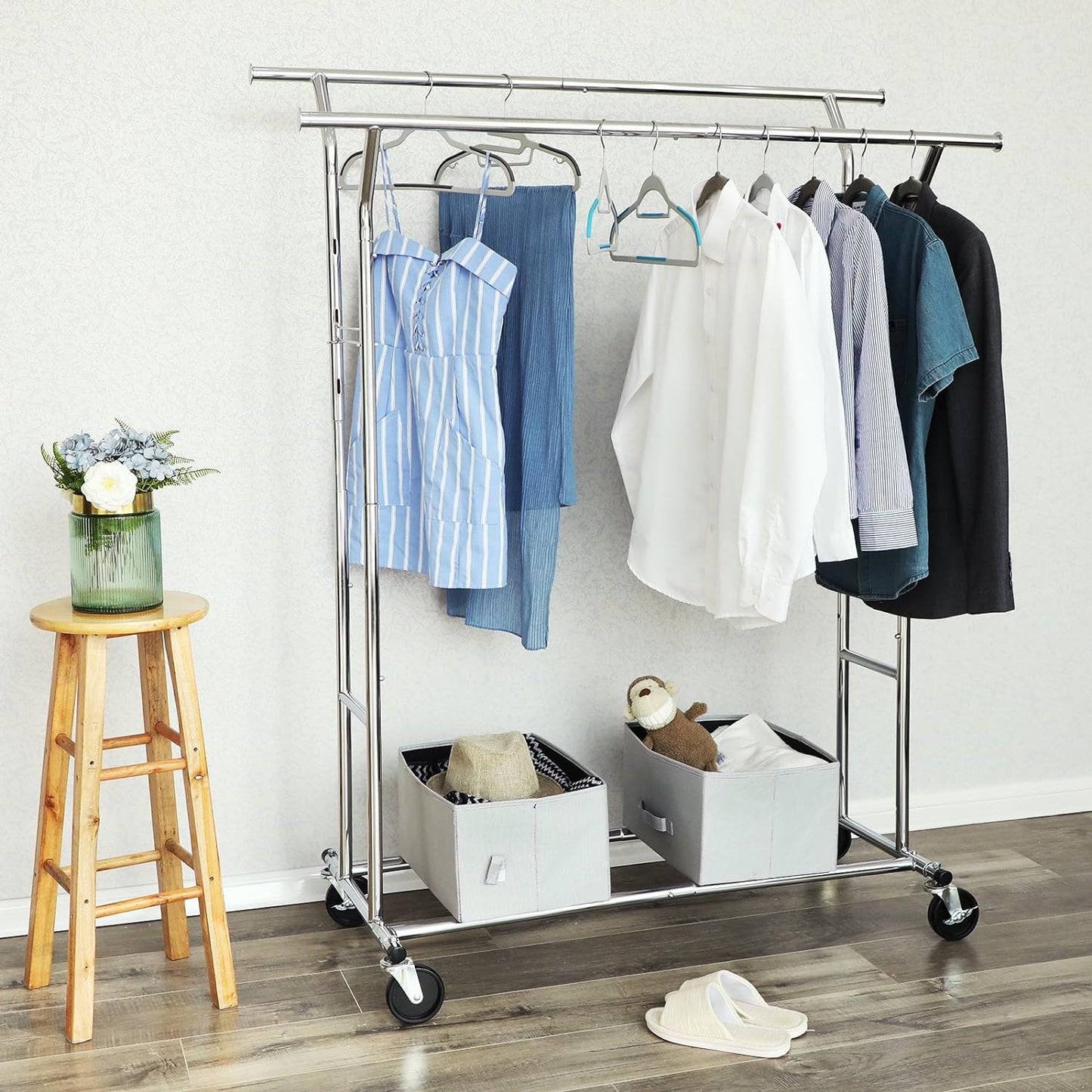 Metal Clothes Rack Stand on Wheels Heavy Duty Silver