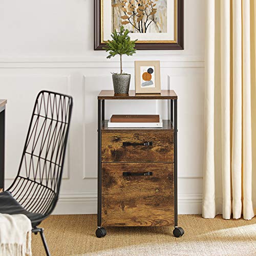 File Cabinet with 2 Drawers Rolling Office Filing Cabinet with Wheels and Open Compartment Rustic Brown and Black