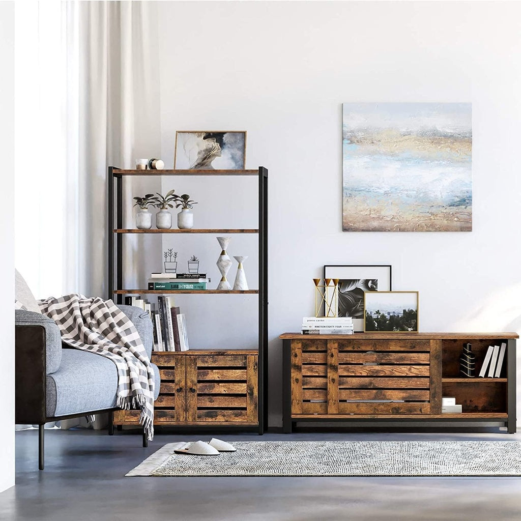 Bookcase Floor Standing Storage Cabinet and Cupboard with 2 Louvred Doors and 3 Shelves Bookshelf Rustic Brown