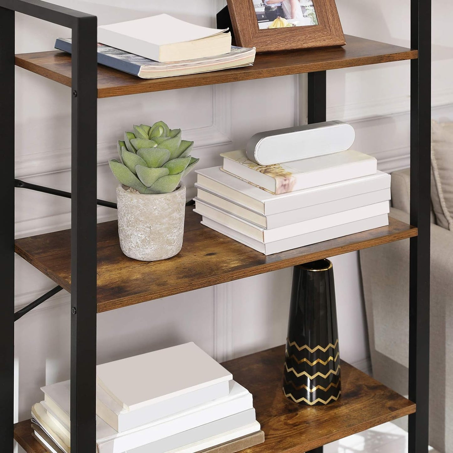 4-Tier Bookshelf Storage Rack with Steel Frame for Living Room Office Study Hallway Industrial Style Rustic Brown and Black