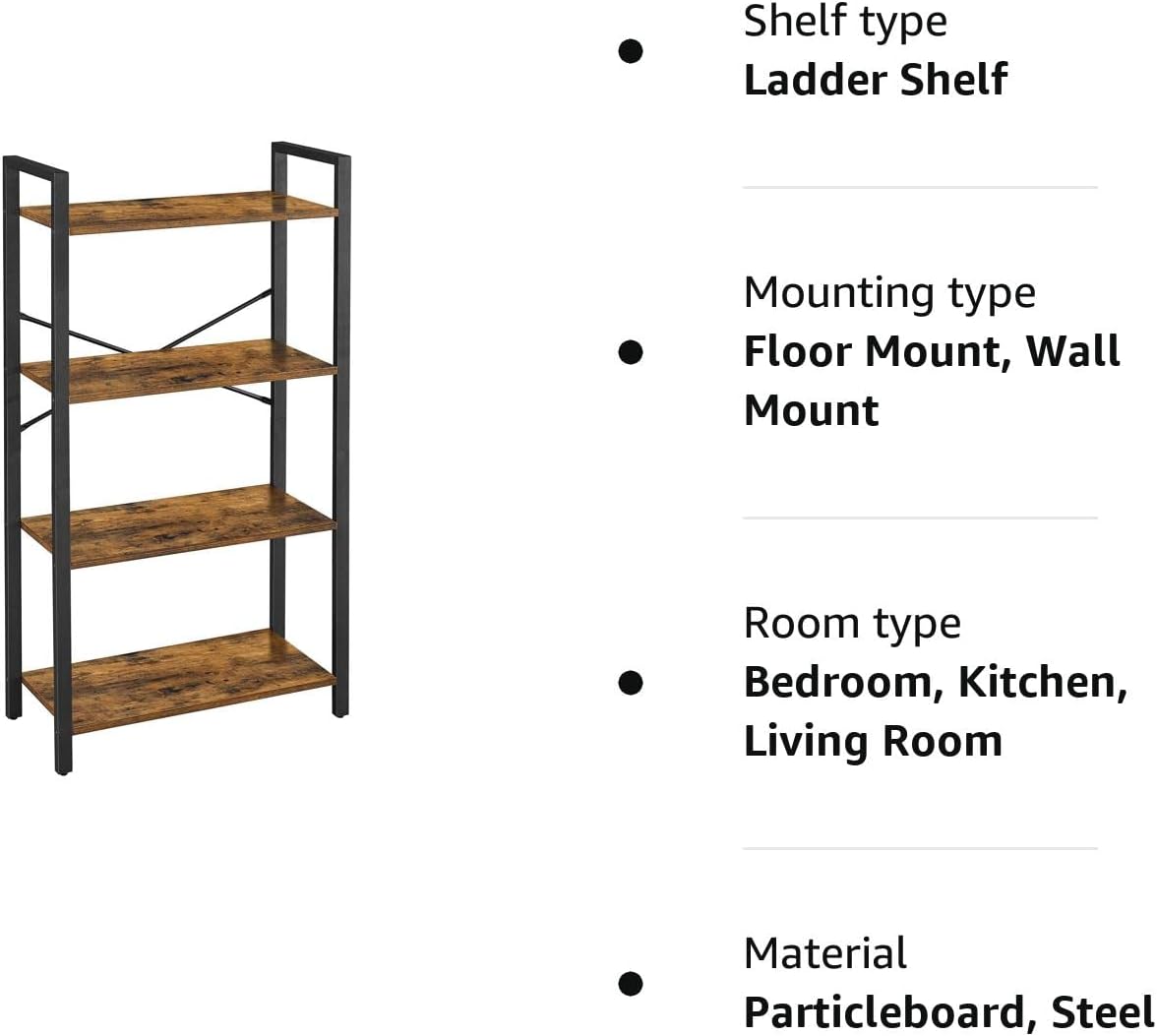 4-Tier Bookshelf Storage Rack with Steel Frame for Living Room Office Study Hallway Industrial Style Rustic Brown and Black