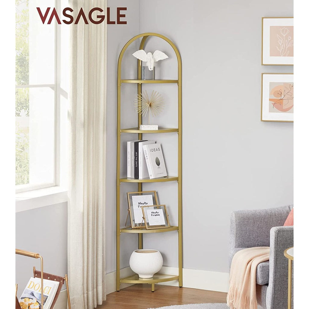 5 Tier Corner Ladder Bookshelf Tempered Glass Modern Style Golden Color