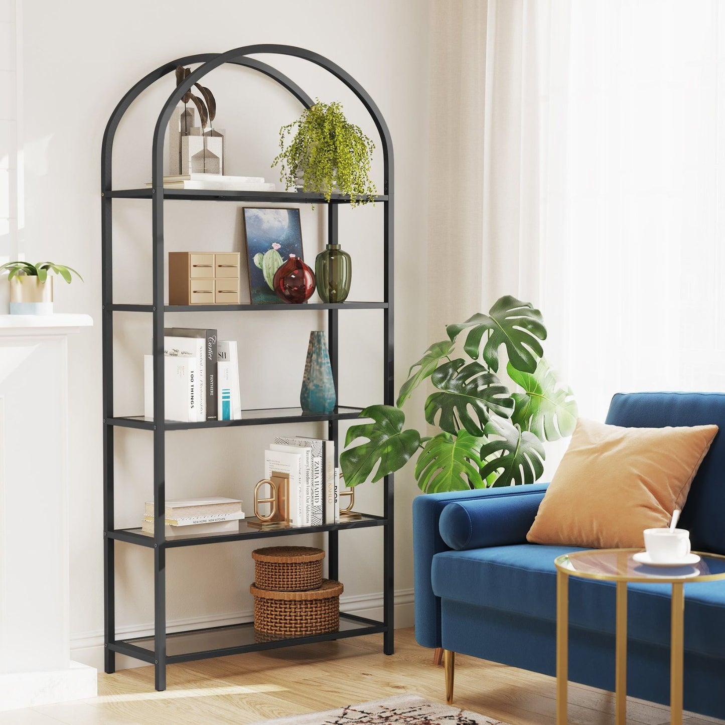 Bookshelf 5 Tier Tempered Glass with Metal Frame Black