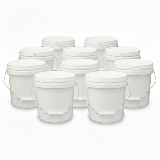 Plastic Buckets 10x 10L + Lids - Empty White With Handle - Large Food Pail