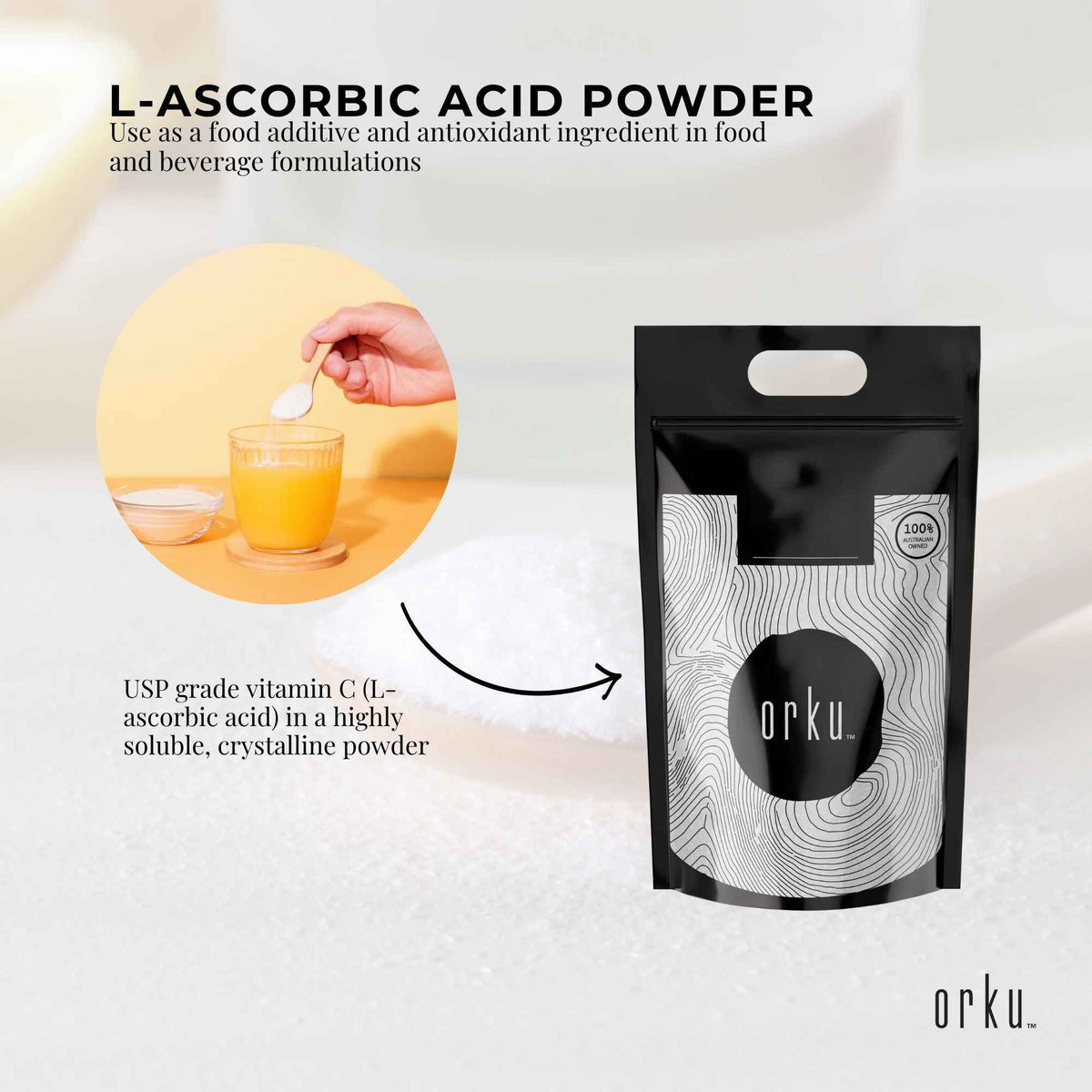 Orku 5Kg Vitamin C Powder Pure L-Ascorbic Acid - USP Grade Non-GMO