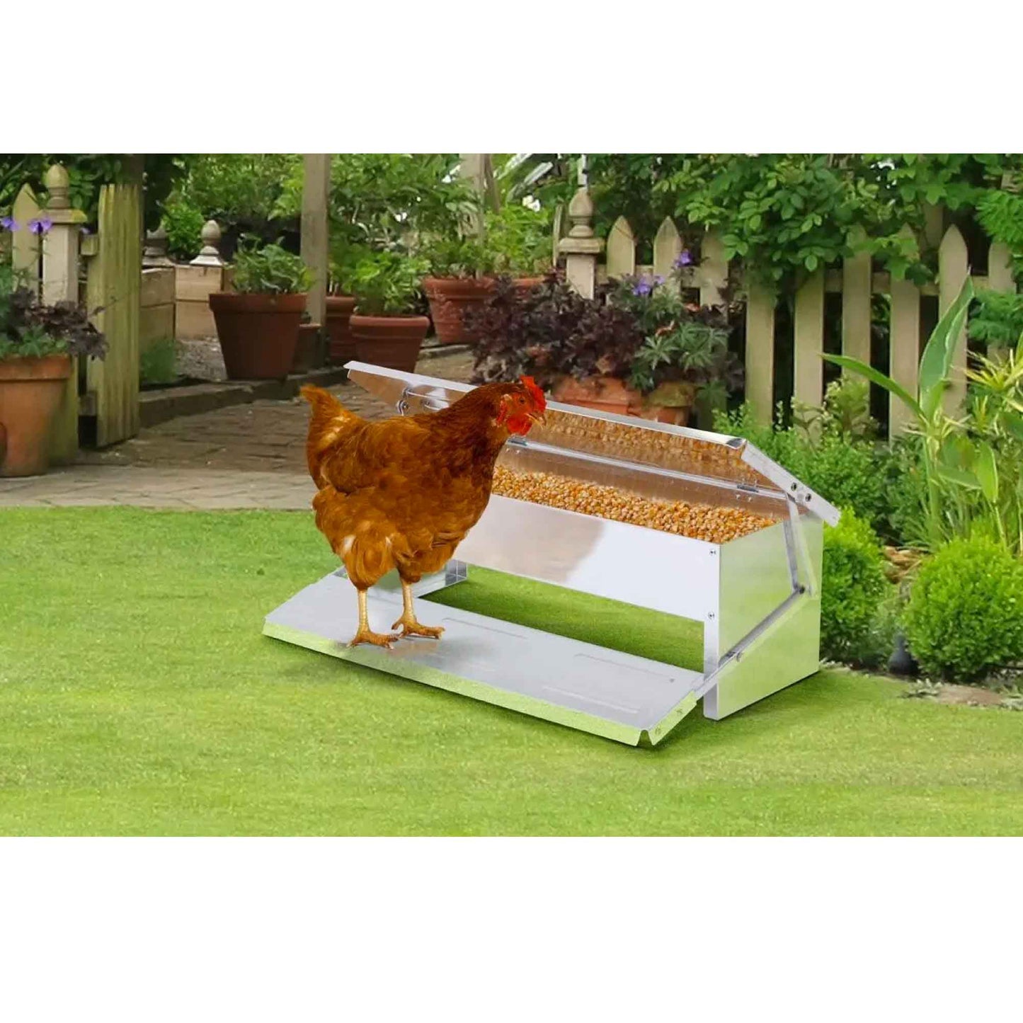 Automatic Chicken Feeder 8L Chook Poultry Auto Treadle Aluminium Metal Coop