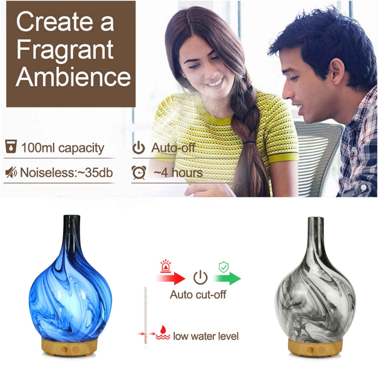 Essential Oil Aroma Diffuser 100ml Glass Marble Aromatherapy Mist Humidifier