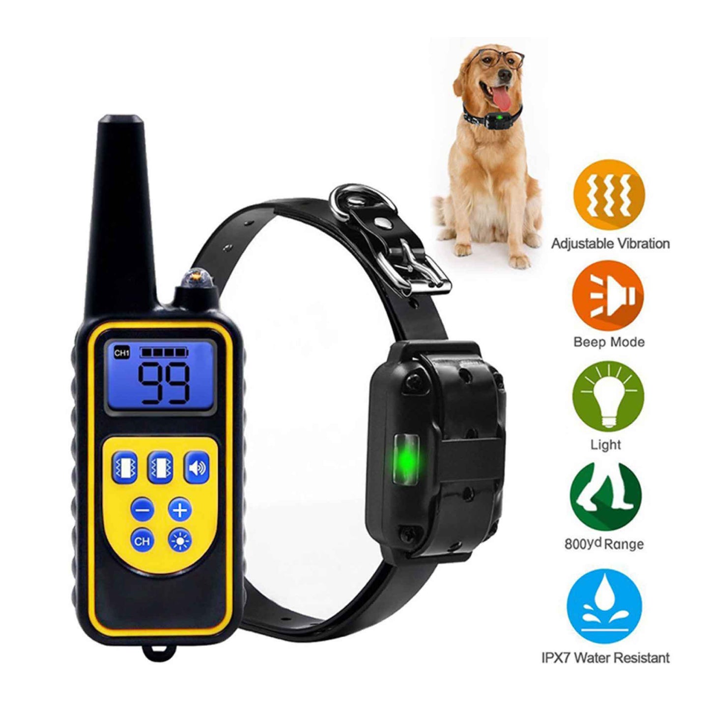 Dog Bark Collar - 800m Range Receiver Vibration Sound Light Training Device