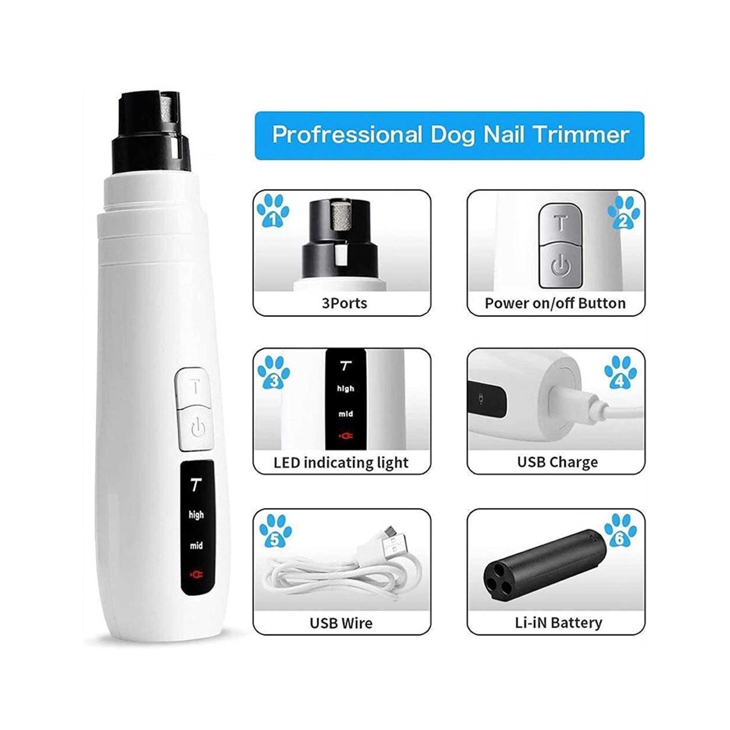 Pet Nail Grinder Dog Cat Trimmer Turbo USB Rechargeable Claw Filer N9