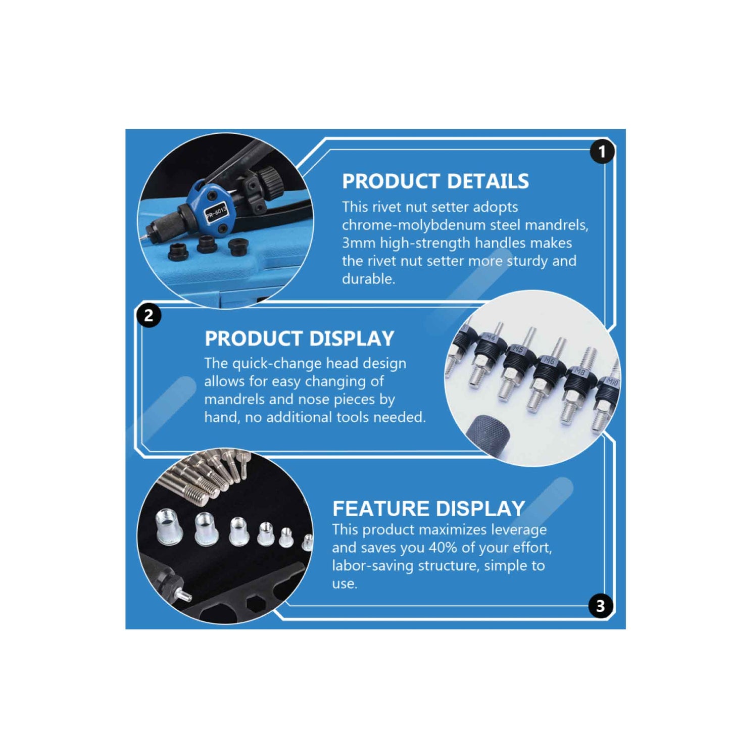 Rivet Nutsert Tool Set 110 Pcs 13" Hand Gun Rivnut M3-M12 Mandrel