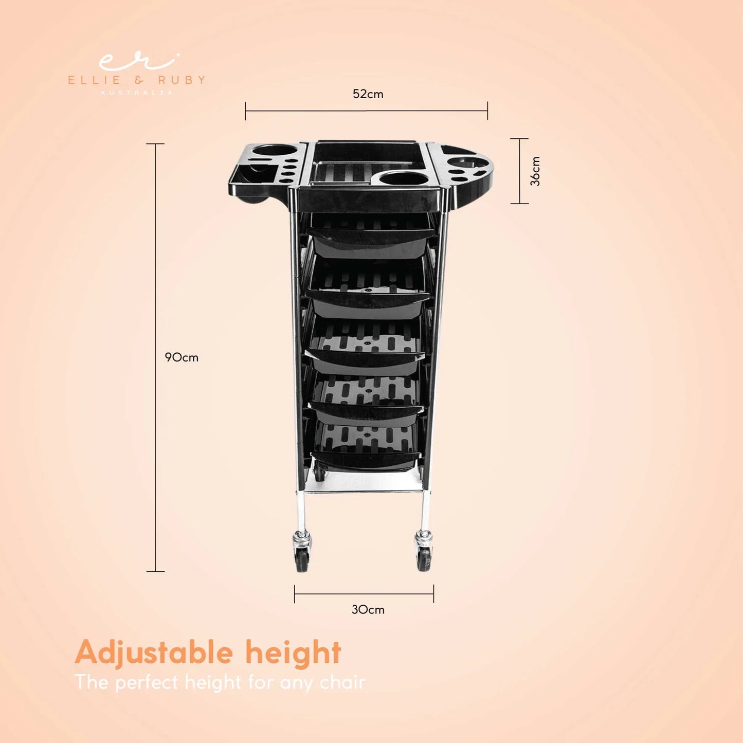 Hairdressing Trolley 5 Drawer Black 90x30x36cm Hair Salon Beauty Rolling Cart