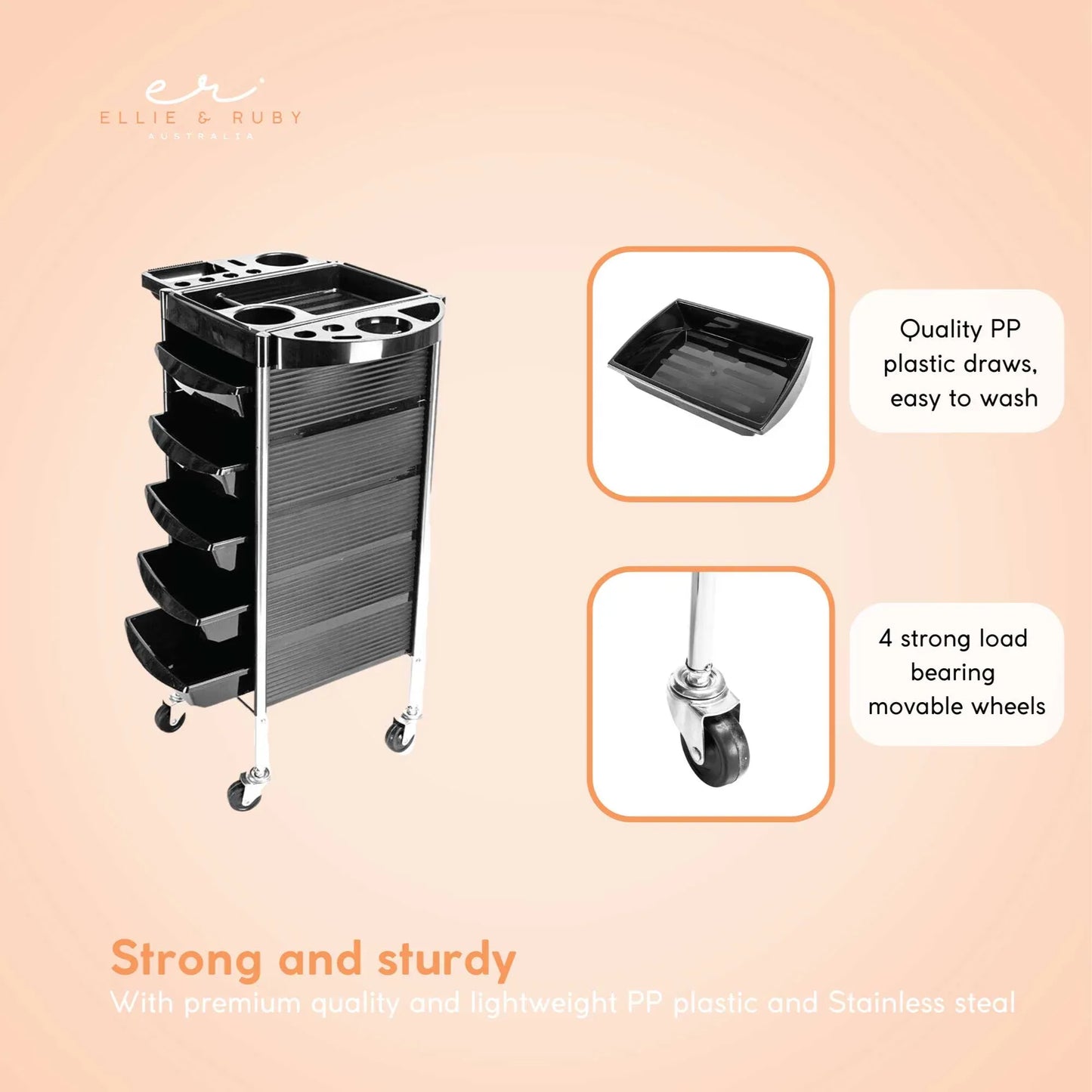 Hairdressing Trolley 5 Drawer Black 90x30x36cm Hair Salon Beauty Rolling Cart