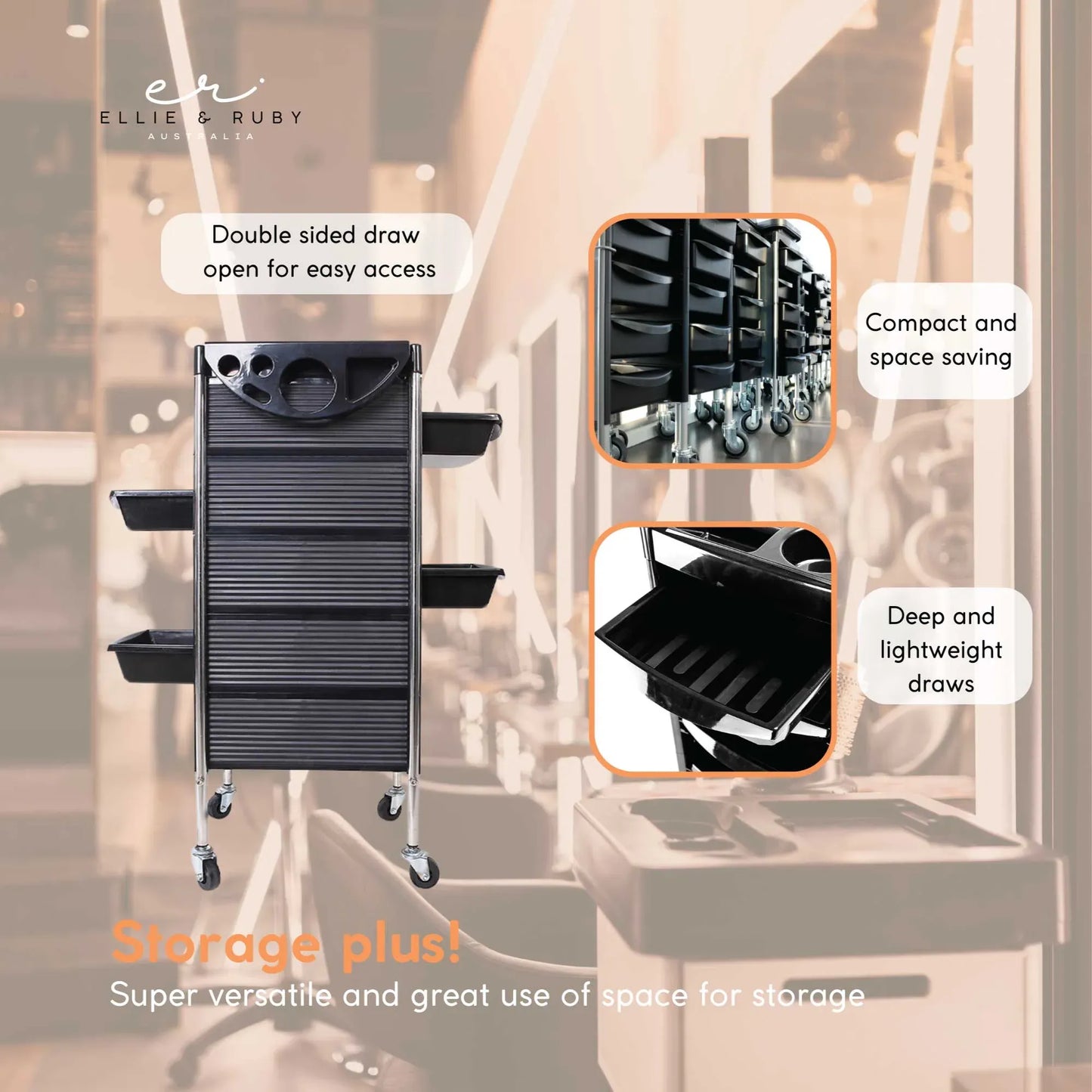 Hairdressing Trolley 5 Drawer Black 90x30x36cm Hair Salon Beauty Rolling Cart