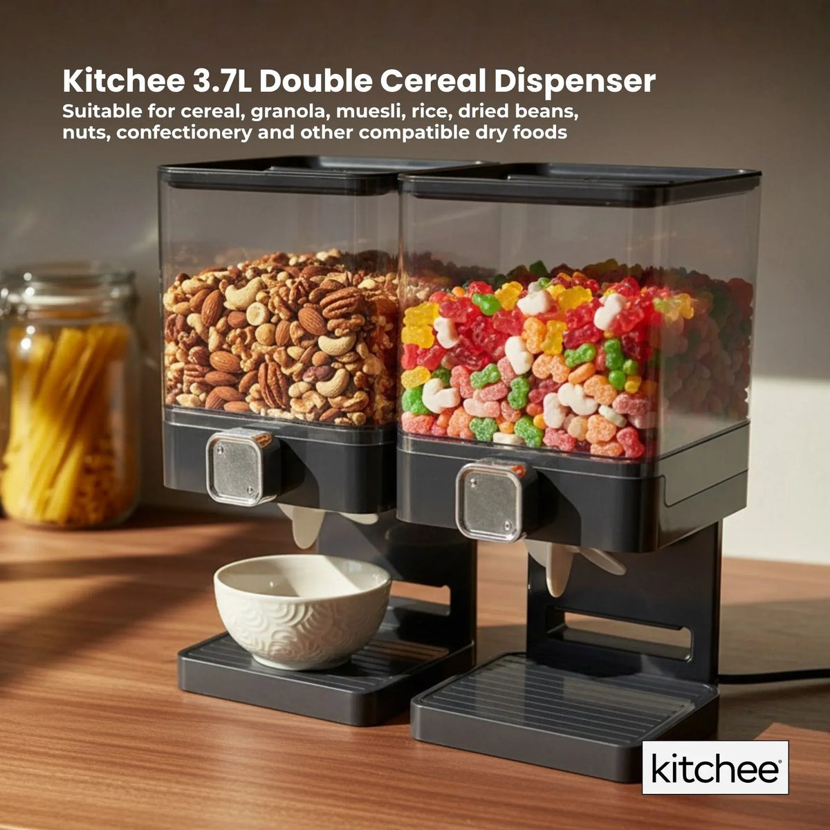 Double Cereal Dispenser 2 x 3.7L Black - Square Rice Beans Countertop Storage