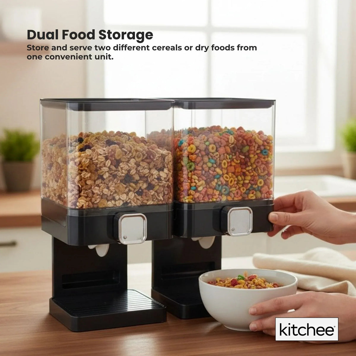 Double Cereal Dispenser 2 x 3.7L Black - Square Rice Beans Countertop Storage