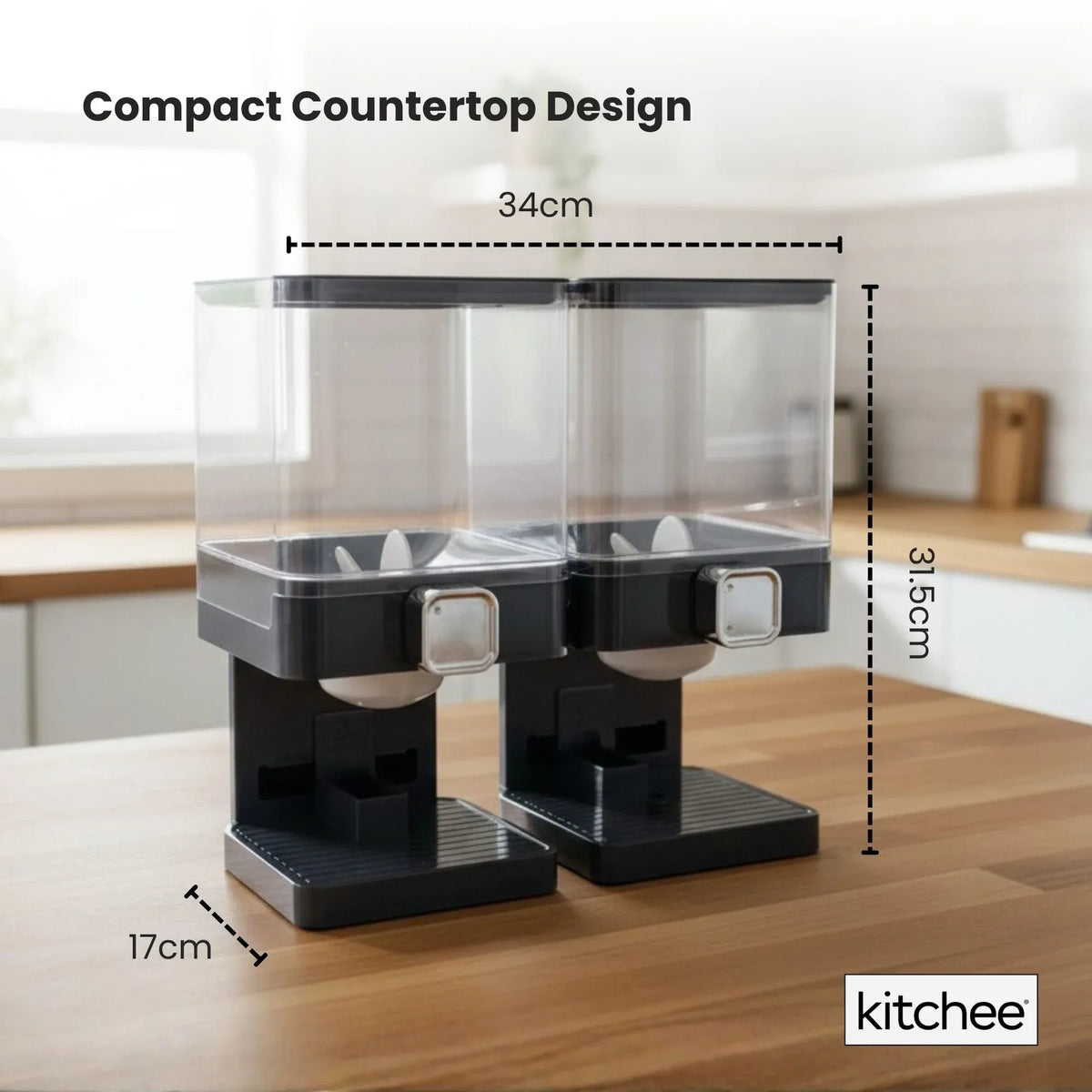 Double Cereal Dispenser 2 x 3.7L Black - Square Rice Beans Countertop Storage