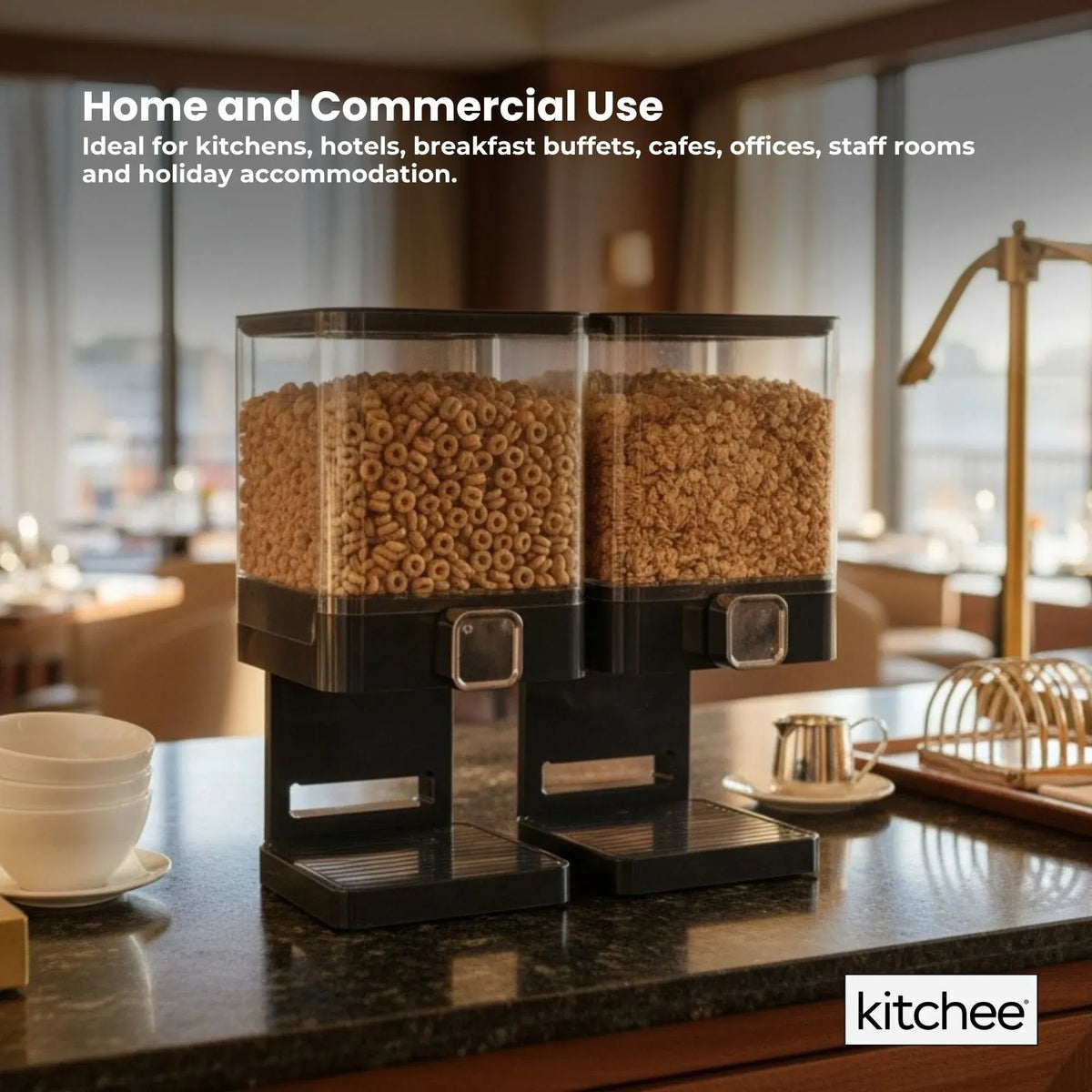 Double Cereal Dispenser 2 x 3.7L Black - Square Rice Beans Countertop Storage