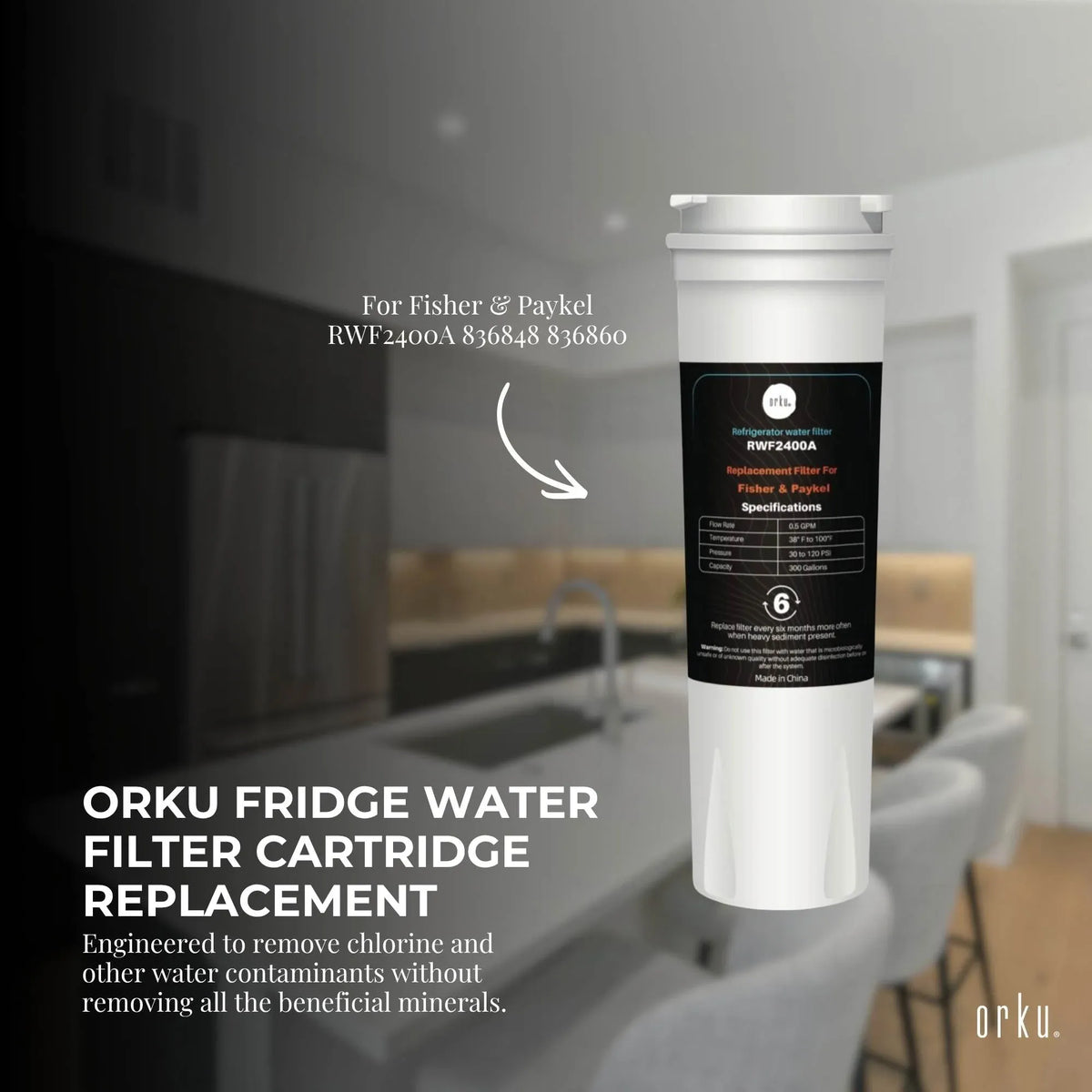 Fridge Water Filter Cartridge Orku for Fisher & Paykel RWF2400A 836848 836860
