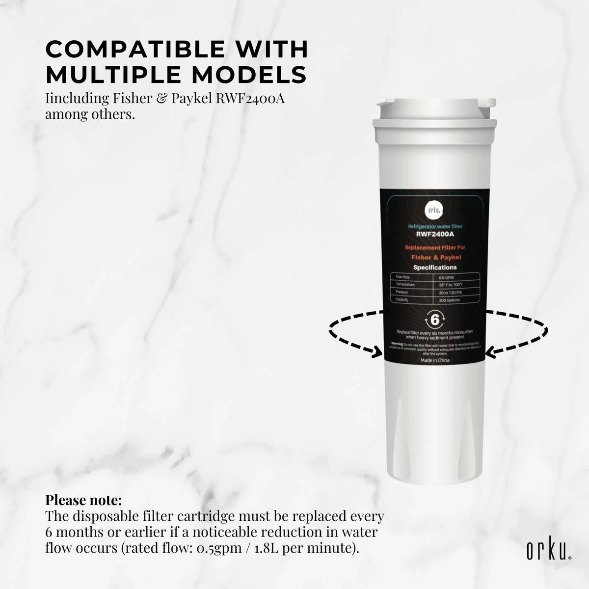 Fridge Water Filter Cartridge Orku for Fisher & Paykel RWF2400A 836848 836860