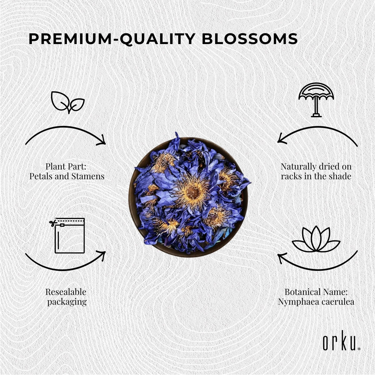 Orku 100g Blue Lotus Flowers - Dried Whole Open Lily Nymphaea Caerulea