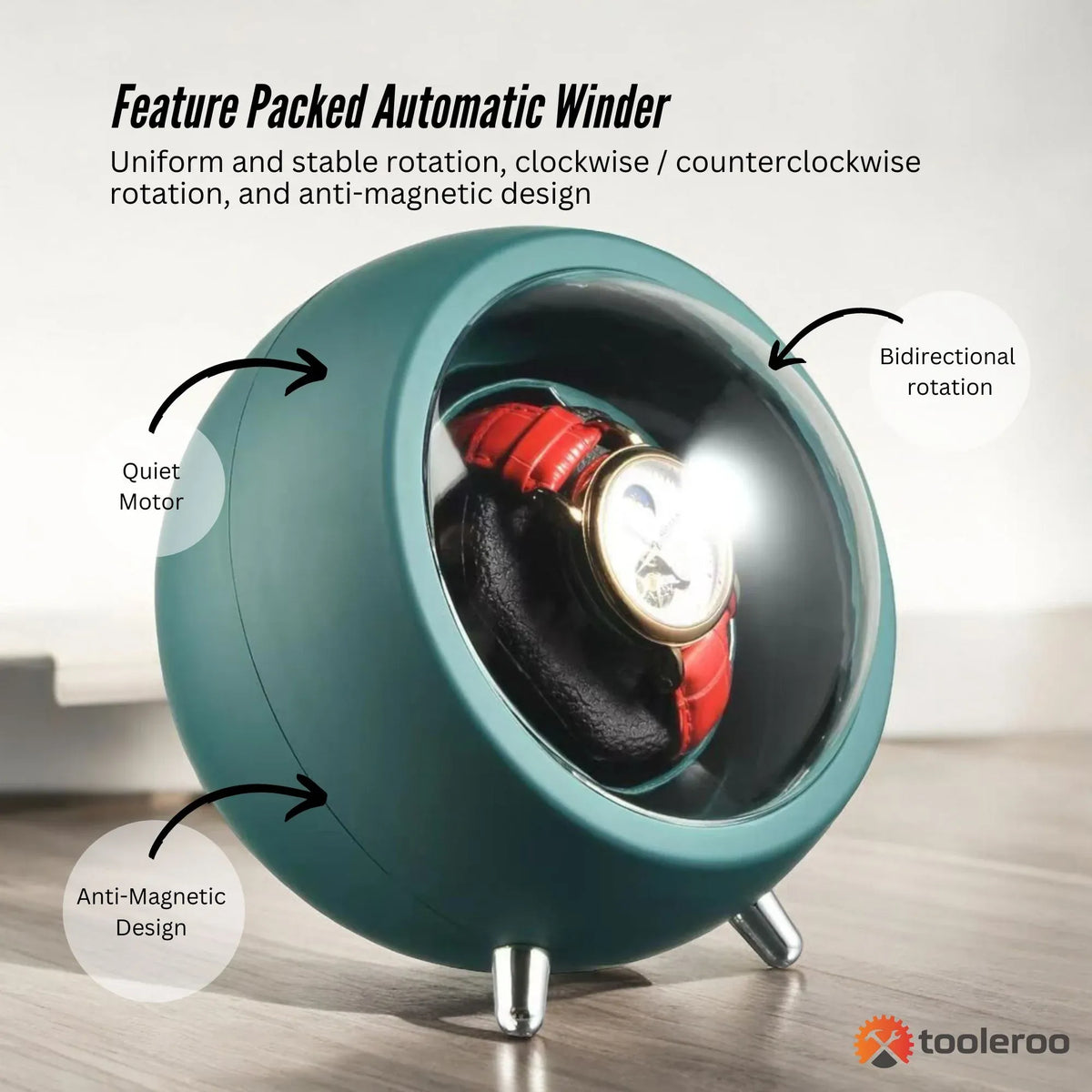 Tooleroo Automatic Watch Winder Single Rotating Display Case USB or Battery