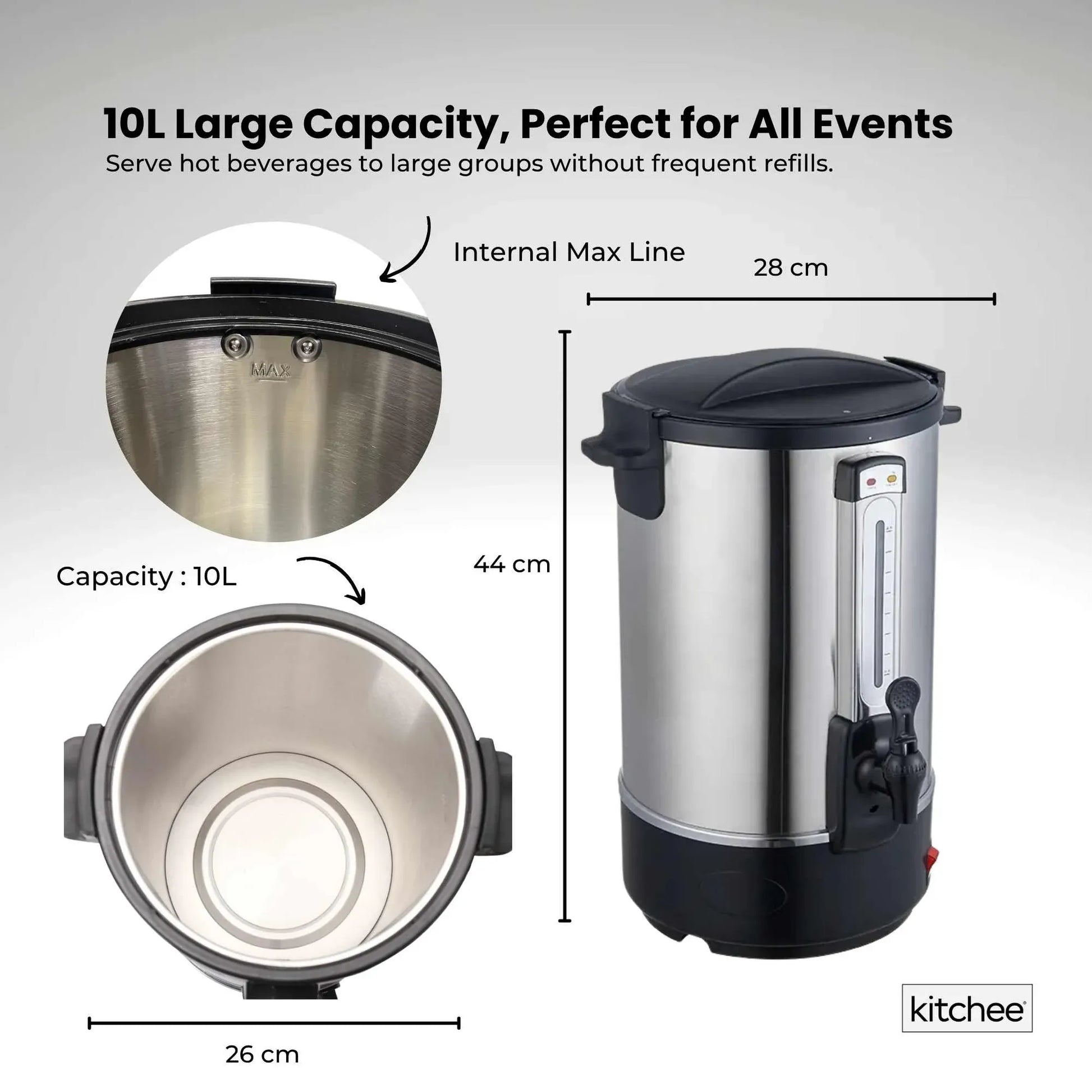 Steel 10l kitchee electric water with storage context and item proportions