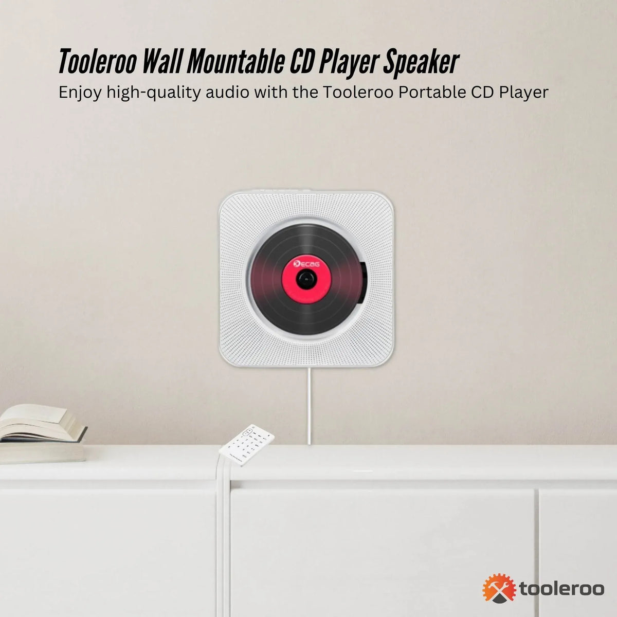 Tooleroo Wall Mount CD Player Bluetooth FM Radio USB AUX Speaker - White