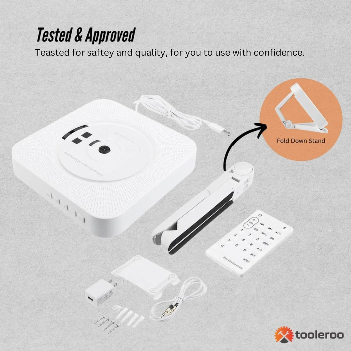 Tooleroo Wall Mount CD Player Bluetooth FM Radio USB AUX Speaker - White