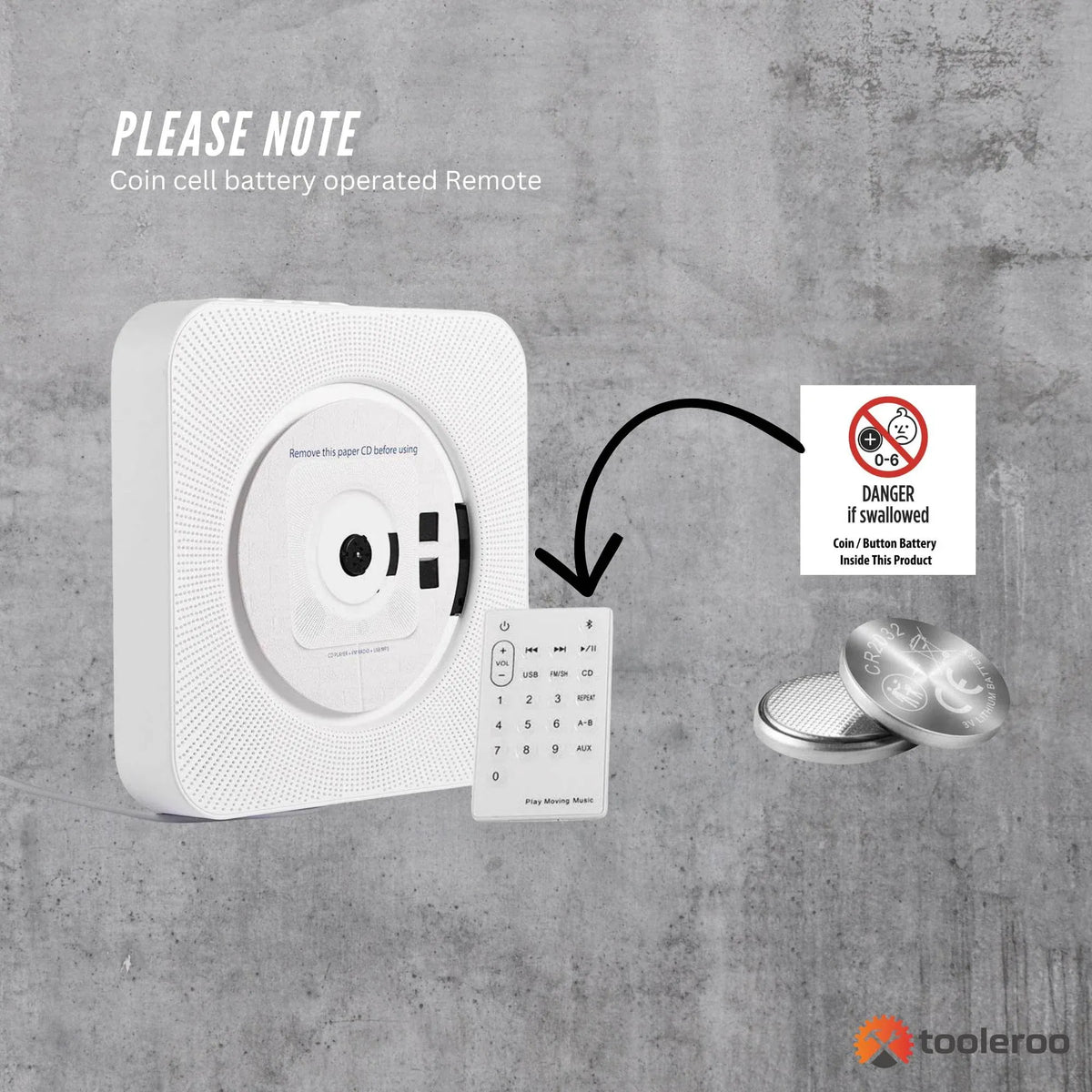 Tooleroo Wall Mount CD Player Bluetooth FM Radio USB AUX Speaker - White