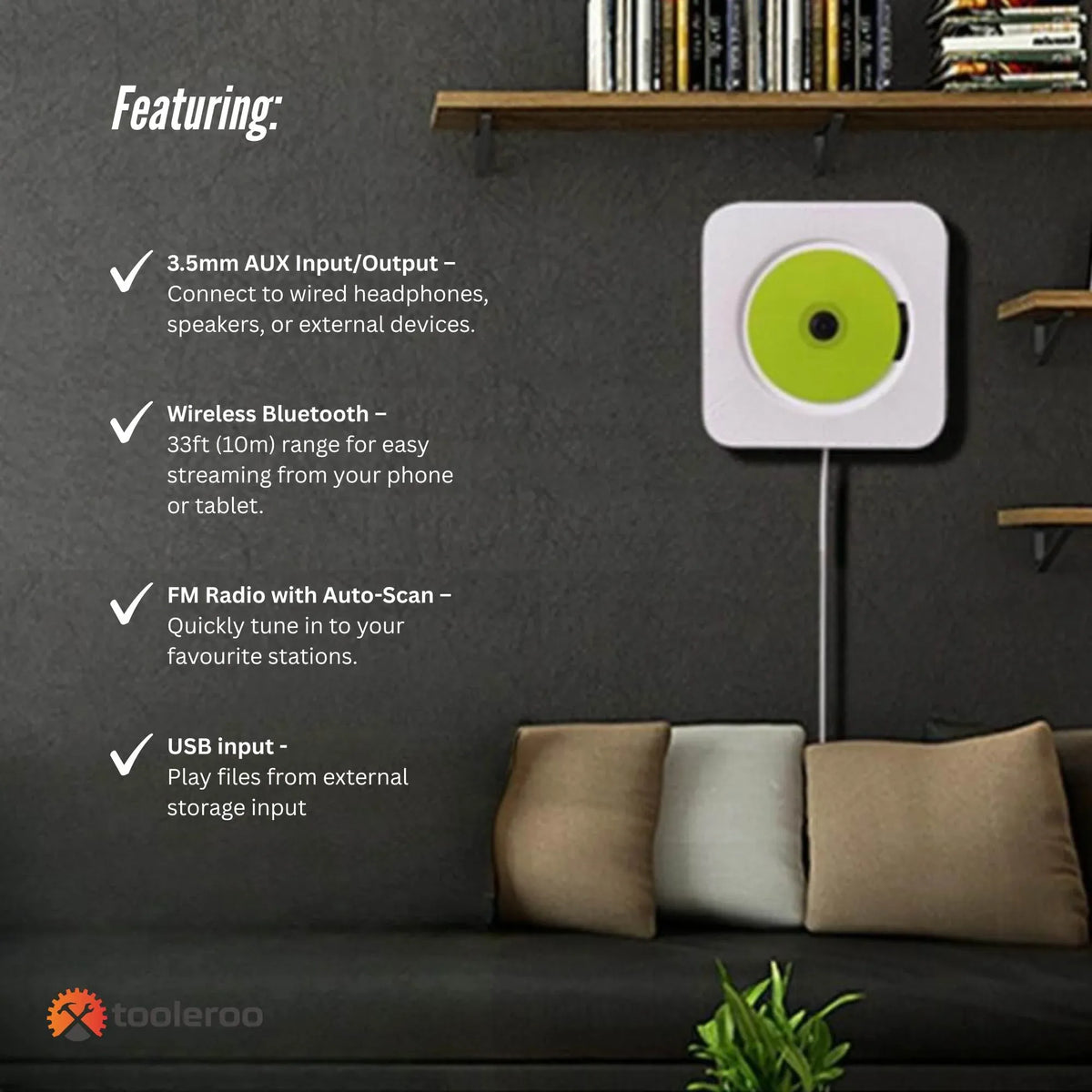 Tooleroo Wall Mount CD Player Bluetooth FM Radio USB AUX Speaker - White