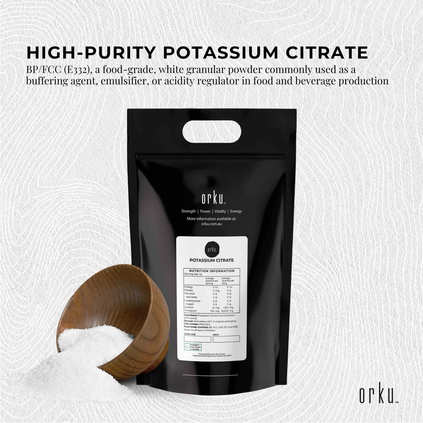 Orku 10Kg Potassium Citrate Food Grade - Granular BP USP FCC E332 Additive