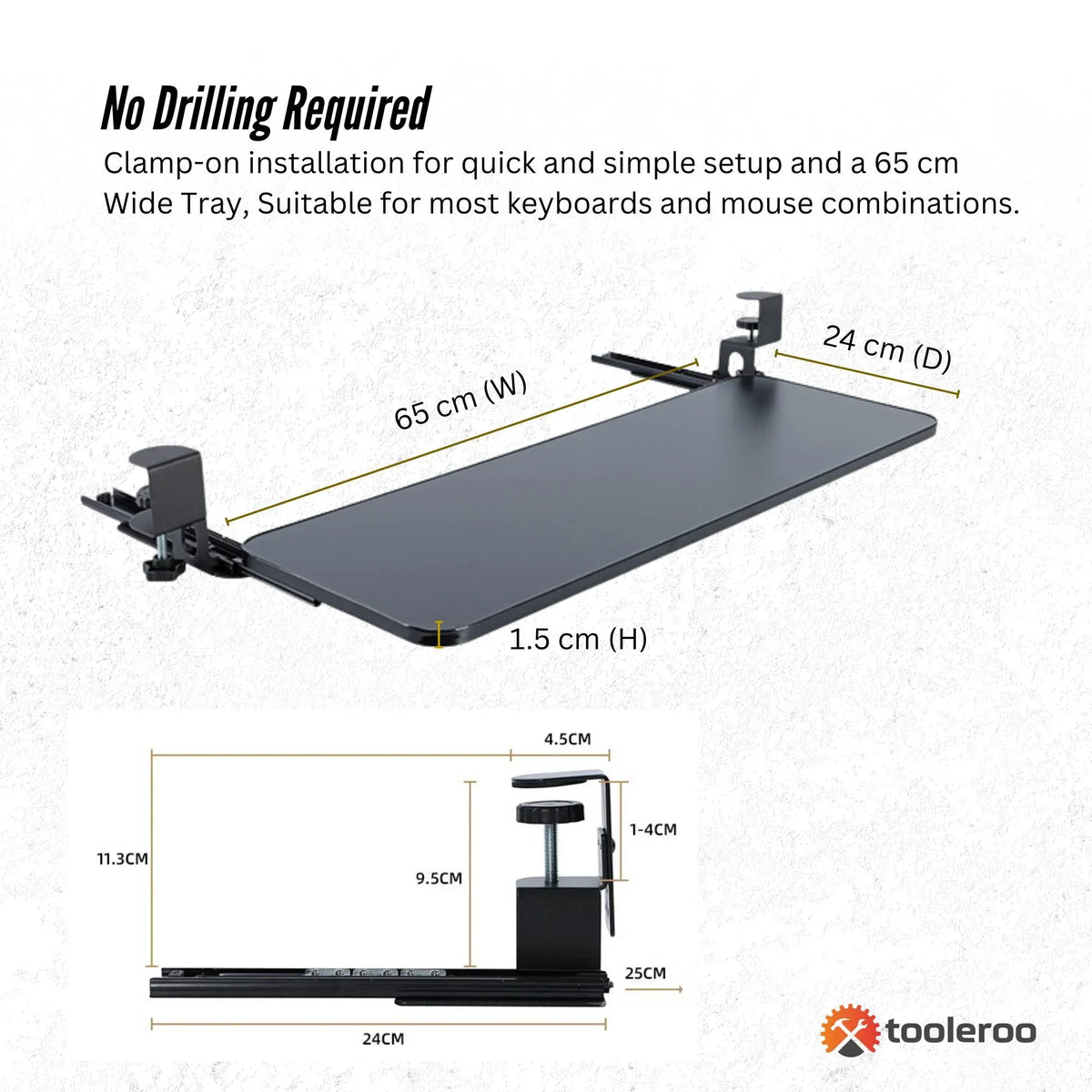 Tooleroo Computer Keyboard Tray Under Desk Clamp On Pull Out 65cm - Black