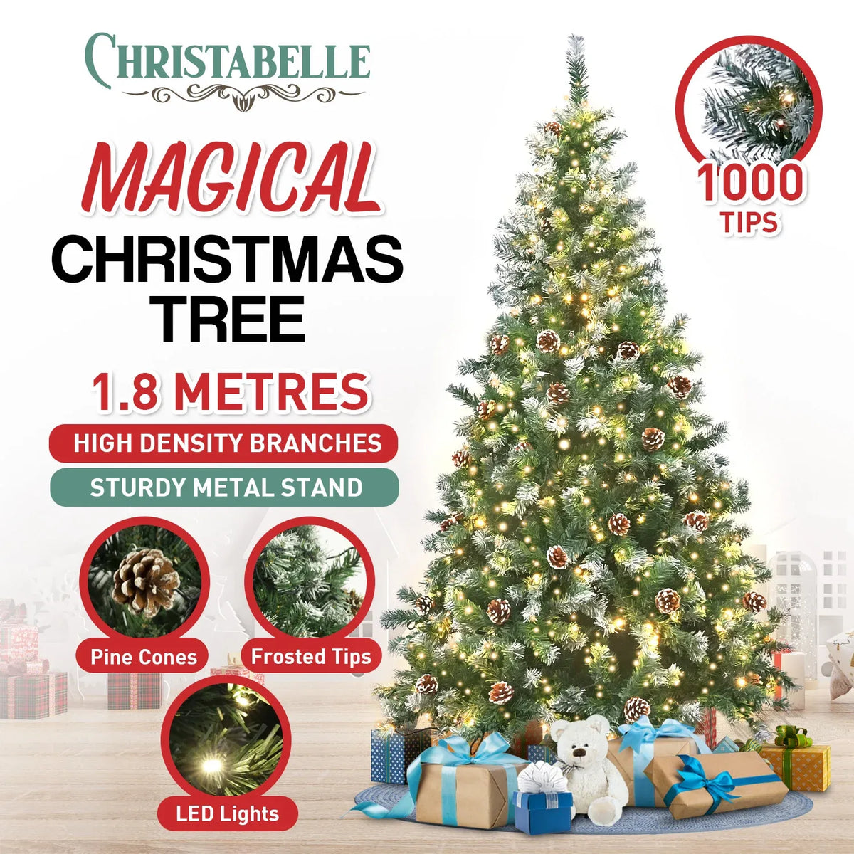 Christabelle 1.8m Pre Lit LED Christmas Tree Decor with Pine Cones Xmas Decorations