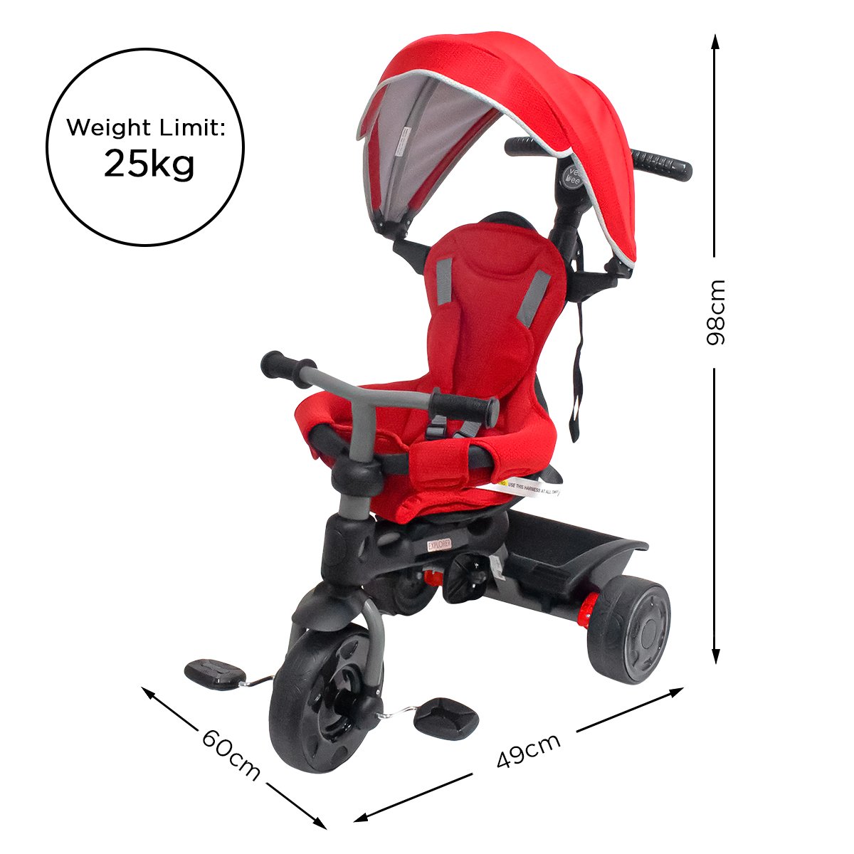 Veebee Explorer 3-Stage Kids Stroller Trike with Sun Canopy & Adjustable Parent Handle - Red