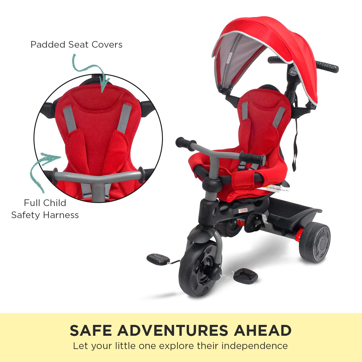 Veebee Explorer 3-Stage Kids Stroller Trike with Sun Canopy & Adjustable Parent Handle - Red