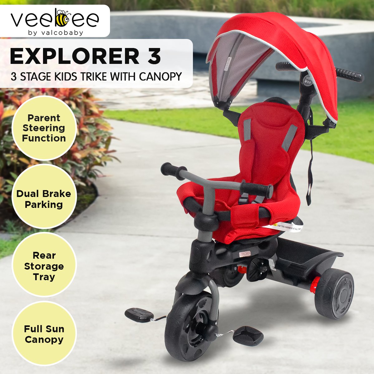 Veebee Explorer 3-Stage Kids Stroller Trike with Sun Canopy & Adjustable Parent Handle - Red