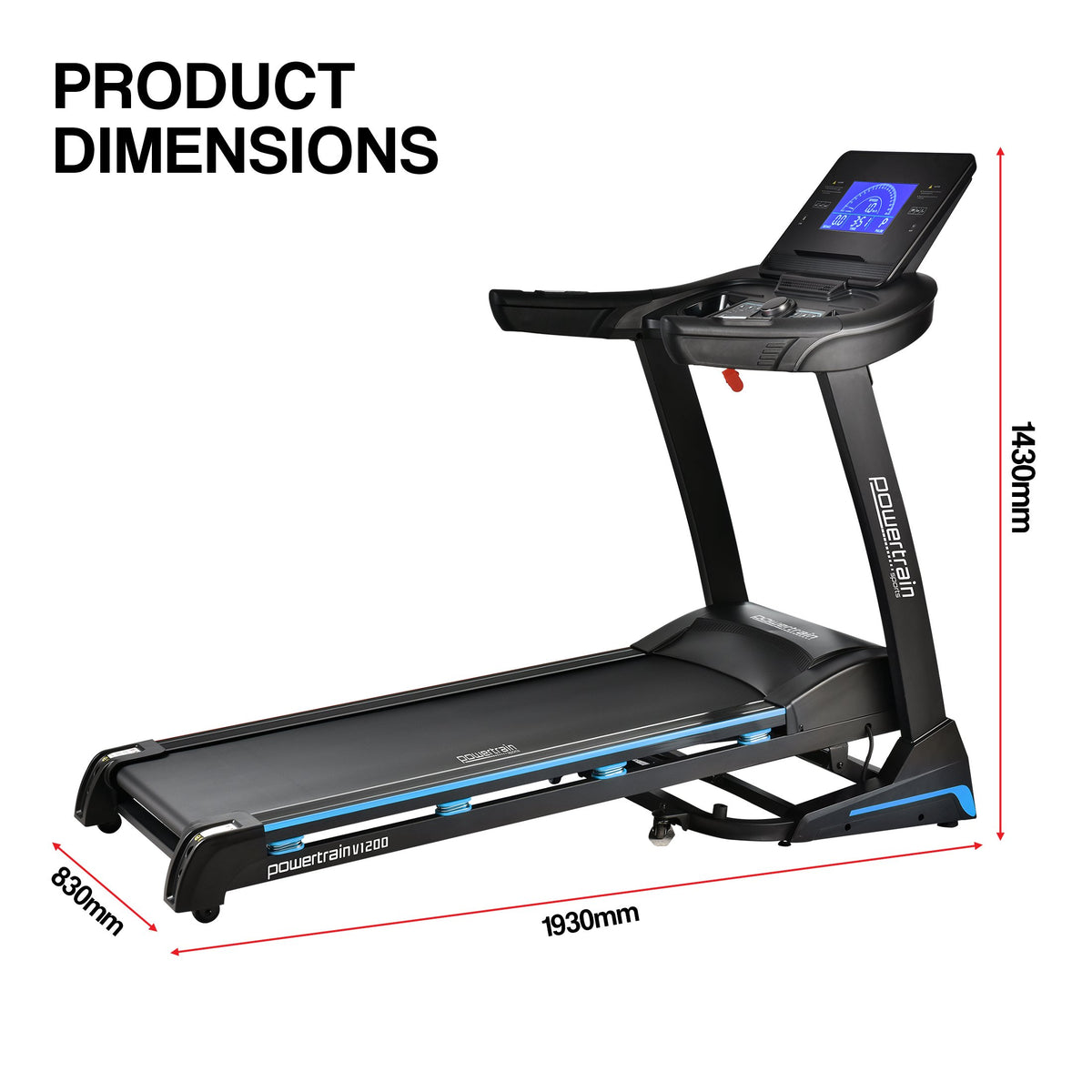 Powertrain V1200 Treadmill with Shock-Absorbing System Exercise Cardio Running Home Gym
