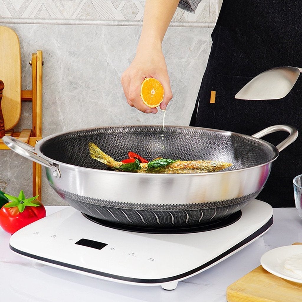 304 Stainless Steel 34cm Double Ear Non-Stick Stir Fry Cooking Kitchen Wok Pan Without Lid Honeycomb Double Sided