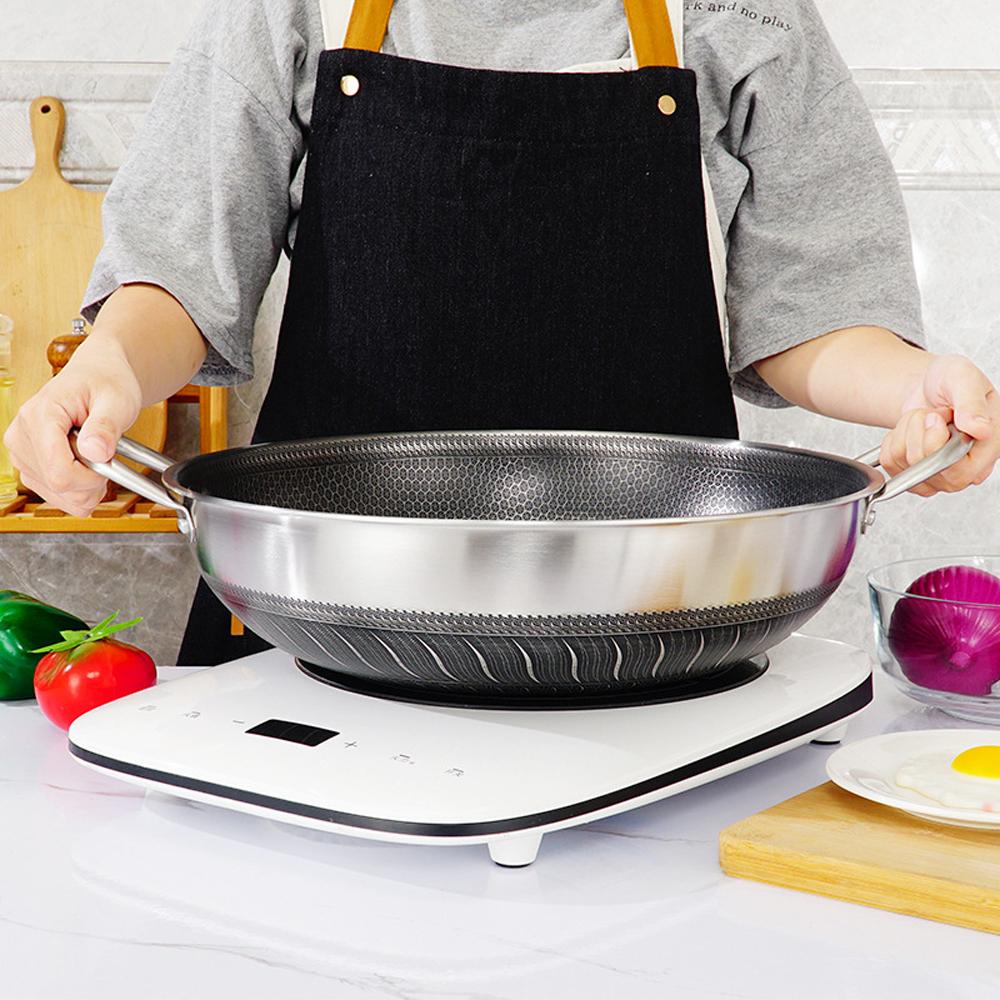 Stainless Steel Wok 304 34cm Double Ear Non-Stick Stir Fry Cooking Kitchen Pan Without Lid Honeycomb Double Sided