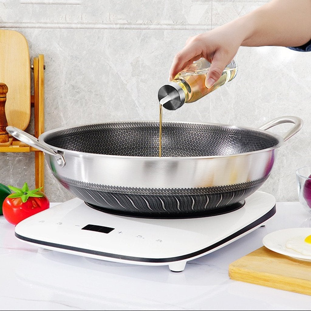 Stainless Steel Wok 304 34cm Double Ear Non-Stick Stir Fry Cooking Kitchen Pan Without Lid Honeycomb Double Sided