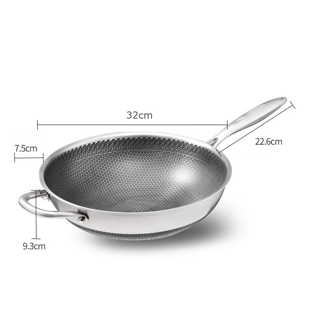 Stainless Steel Wok 304 34cm Non-Stick Stir Fry Cooking Kitchen Pan Without Lid Honeycomb Double Sided