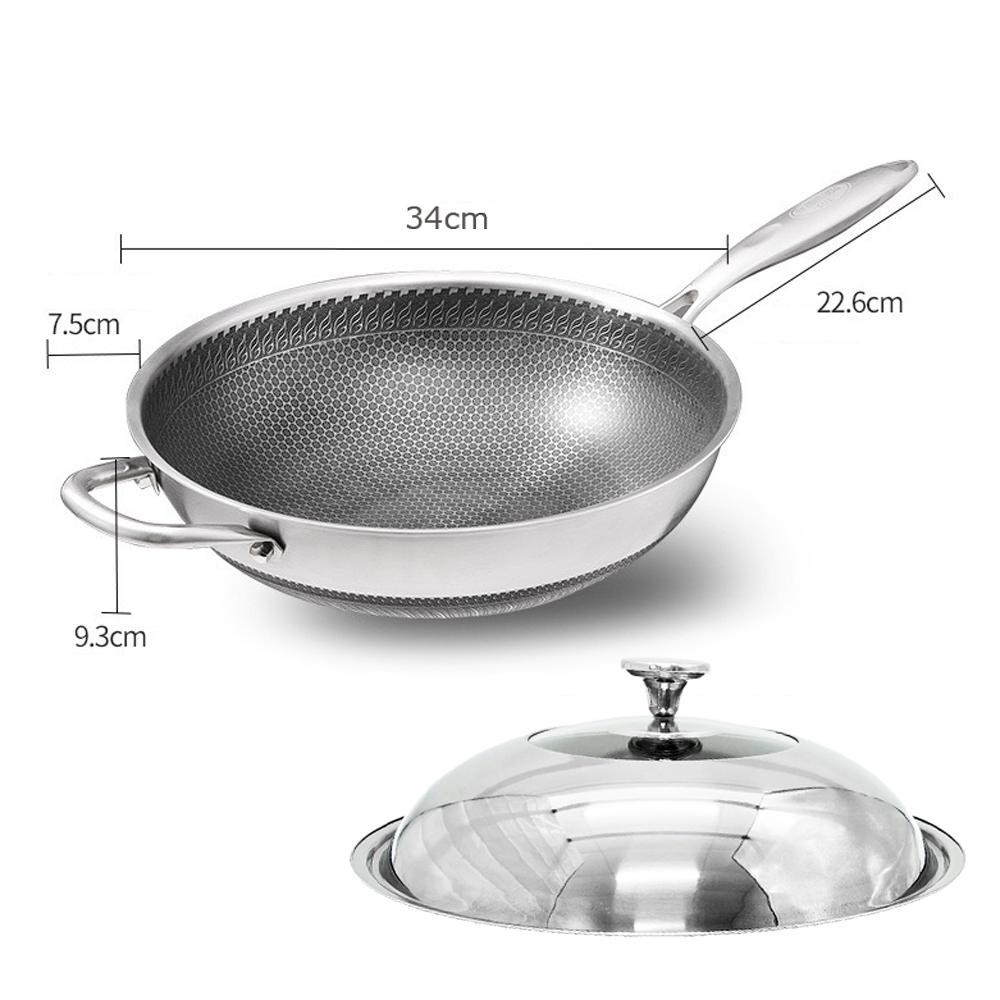 Stainless Steel Wok 304 34cm Non-Stick Stir Fry Cooking Kitchen Pan Without Lid Honeycomb Double Sided