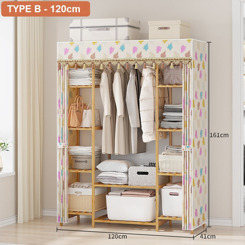 150cm Width Bamboo Clothes Rack Garment Closet Storage Organizer Hanging Rail Shelf Fabric Dustproof Cover